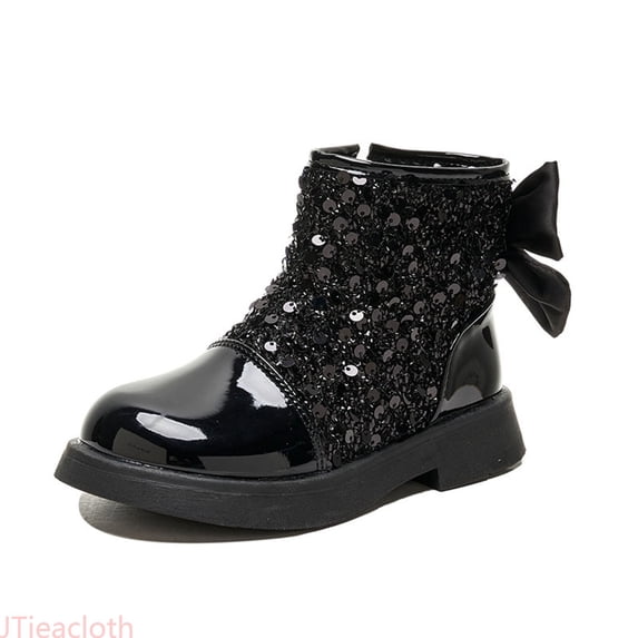 JTieacloth Girls Glitter Boots Children Shoes Fashionable Flat Boots Comfortable Soft Sole Leather Children Boots Boots,Black