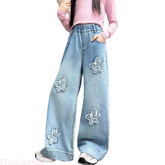 JTieacloth Girls Jeans Floral Embroidered Patch Design Straight Leg Loose Fit Wide Leg Pants For Girls Casual Comfortable Trousers,Sizes 4-5 Years