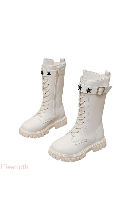 Girls Star Decor Buckle Straps Mid Calf Boots Side Zipper Round Toe Lace Up Combat Riding Boots Non-Slip Boots Little Kid/Big Kid(White)