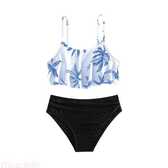 JTieacloth Girls Swimsuit 2 Piece Bikini Set, Tiered Ruffled Bathing Suit Adjustable Straps Girls Swimwear,Sizes 13-14 Years