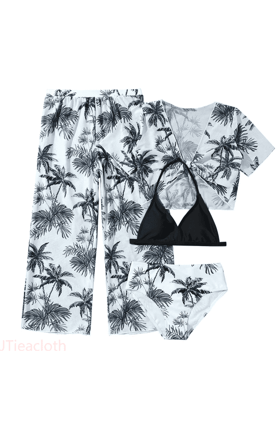 Girls Swimsuit, 4 Piece Bikini Bathing Suit Tropical Floral Print Swimwear with Cover Up Pants,Sizes 9-10 Years