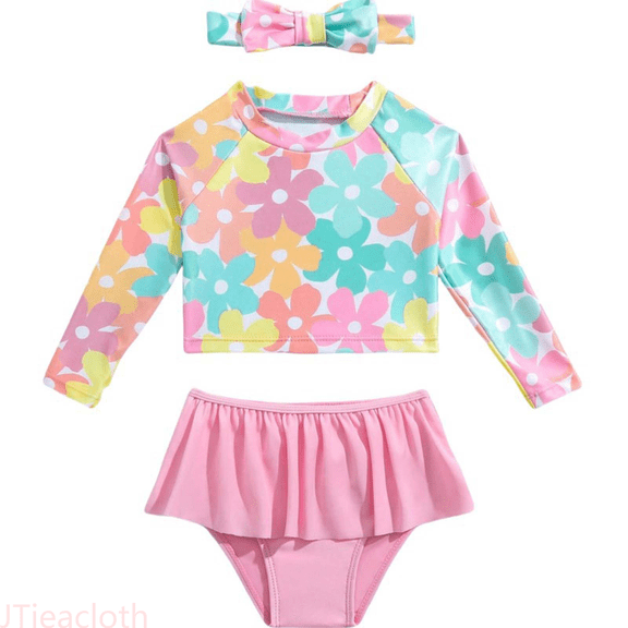 JTieacloth Girls Swimsuit Long Sleeve Two Piece Bow Knot Swimwear Rash Guard Ruffle Rare Hem Cuffs,Sizes 12-18 Months