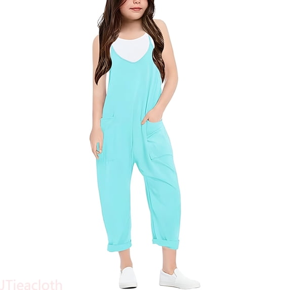 JTieacloth Girls Trendy Pants Girls' Fashion Casual V Suspender Romper Solid Color Loose Casual Romper With Pocket,Sizes 4-5 Years