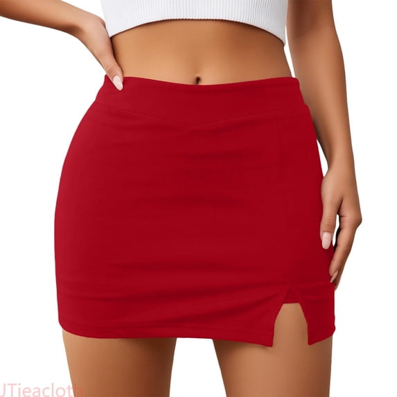 JTieacloth High Waist Side Slit Skirt With Built In Shorts Stretchy Bodycon Pencil Skirt For Casual And Party Wear,Women's Skirts(Red)