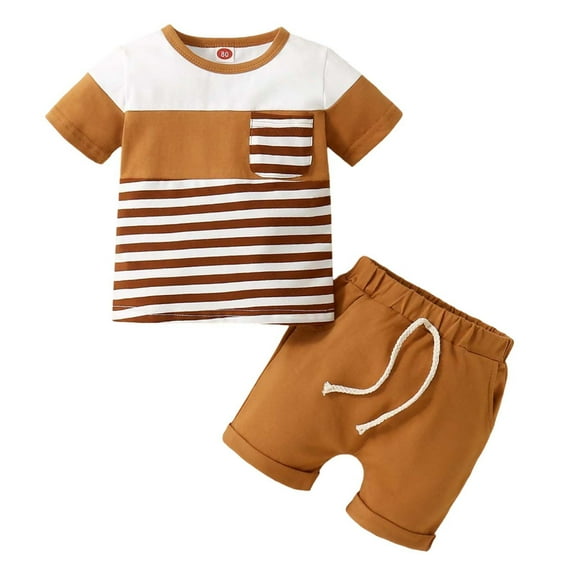 JTieacloth Hoodie and Pants Sets Baby Boys Outfits Sets 2 Piece Striped Shirt And Solid Shorts Casual Summer Clothes For Infants Toddlers 0 3 Years Comfortable Playwear,Sizes 12-18 Months(Brown)