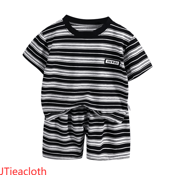 JTieacloth Hoodie and Pants Sets Boys' Fashionable Striped Breathable Short Sleeved Shirt Shorts Two Piece Suit Suitable For 2 9 Years Old,Sizes 3-4 Years(Gray)