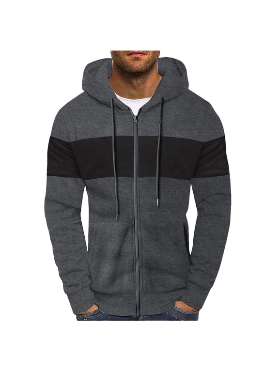 Hoodies for Men Pullover Male Autumn And Winter Color Block Hoodie Color Block Hood Pullover Thread Drawstring Fleece Sweatshirt Black