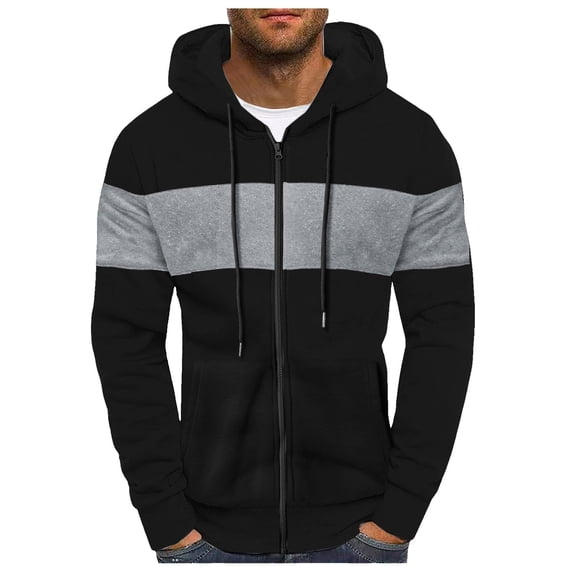JTieacloth Hoodies for Men Pullover Male Autumn And Winter Color Block Hoodie Color Block Hood Pullover Thread Drawstring Fleece Sweatshirt Black