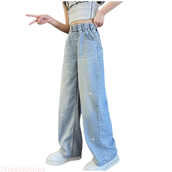 JTieacloth Jeans for Girls Baggy Girls Fashion Embroidered Pants Elastic Waist Wide Leg Jeans Loose Casual Demin Pants With Pockets,Sizes 5-6 Years