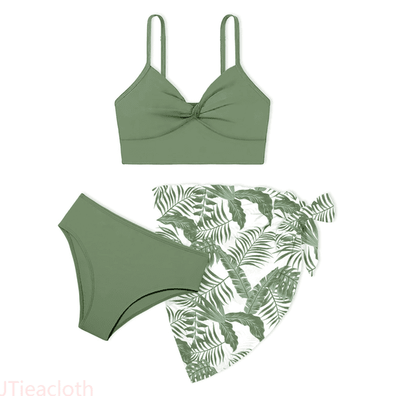 JTieacloth Kids Girls Swimsuit Bathing Suit Floral Tropical Floral 3 Piece Girls Swimwear Bikini With Cover Up 7 14T,Sizes 9-10 Years