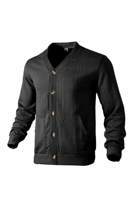 Knitted Pullover Sweaters Men Solid Color Jacquard Button Up Cardigan Casual Knit V Neck Business Comfortable Warm Sweater Jacket(Black)