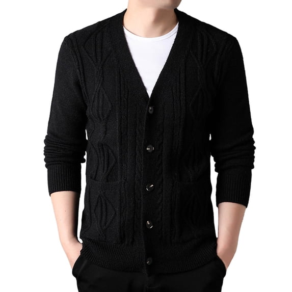 JTieacloth Knitted Pullover Sweaters Men Thick Knit Cardigan Shape Loose Casual V Neck Sweater Coat(Black)