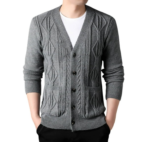 JTieacloth Knitted Pullover Sweaters Men Thick Knit Cardigan Shape Loose Casual V Neck Sweater Coat(Gray)