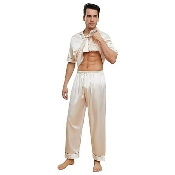 JTieacloth Lightweight Nightwear Men‘s Satin Silk Button Down Pajamas Sets Solid Two Piece Family Sleepwear Loungewear Short Sleeve Silk Nightwear Beige