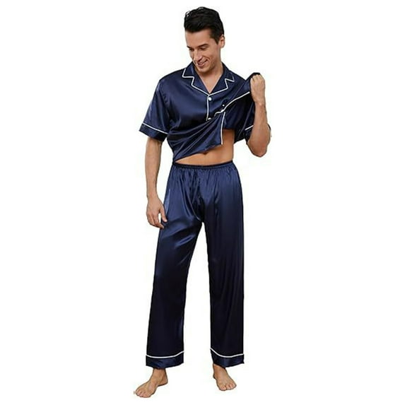 JTieacloth Lightweight Nightwear Men‘s Satin Silk Button Down Pajamas Sets Solid Two Piece Family Sleepwear Loungewear Short Sleeve Silk Nightwear Blue