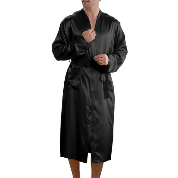 JTieacloth Lightweight Nightwear Mens Thin Bathrobe Long Cardigan Imitation Silk Nightgown Ice Silk Pajamas Men's Home Wear Summer Nightgown Black