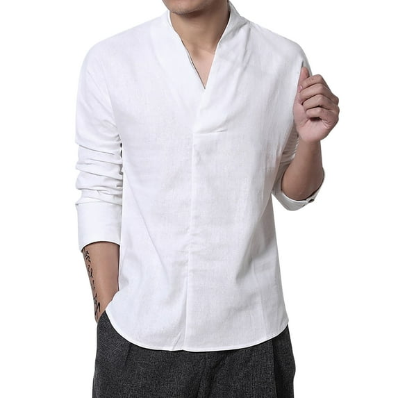 JTieacloth Long Sleeve Collar Shirt Men'S Fashion Spring And Summer Casual Short Sleeved Round Neck Solid Color Shirt Blouse White