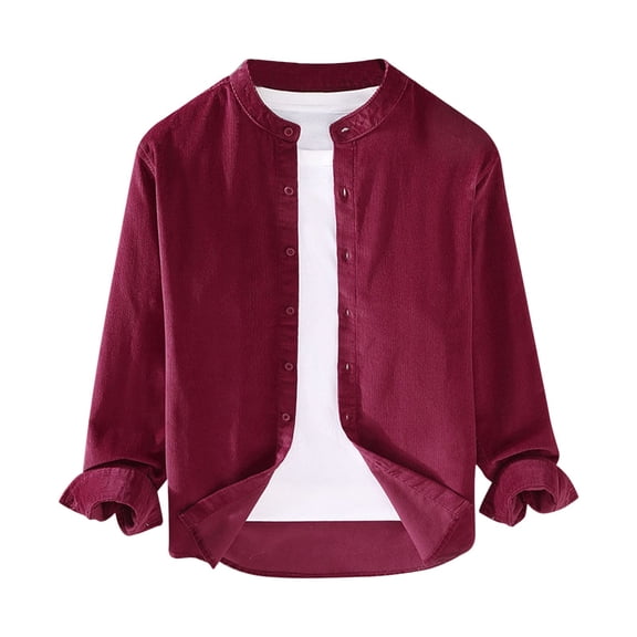 JTieacloth Long Sleeve Dress Shirts Men's Retro Corduroy Shirt Stand Up Collar Solid Color Fashionable Long Sleeved Shirt Red