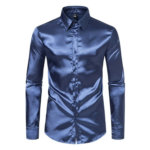 JTieacloth Long Sleeve Dress Shirts Mens Fashion Trend Solid Satin Long Sleeve Shirt Blue
