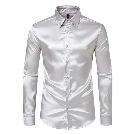 JTieacloth Long Sleeve Dress Shirts Mens Fashion Trend Solid Satin Long Sleeve Shirt Gray