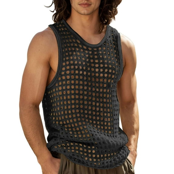 JTieacloth Long T Shirts for Men Men's Solid Color Mesh Hooded V Neck Hollow Thin Sleeveless Loose I Vest Top