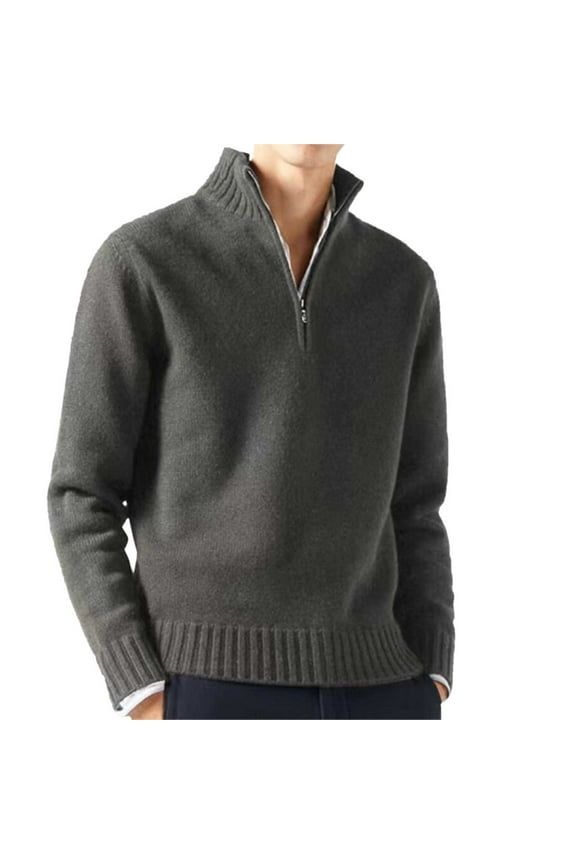 Loose Fit Cardigan Sweaters Male Casual Simple Bottom Sweater Solid Color Warm Wool Knit Half Zip Long Sleeve Sweater(Gray)