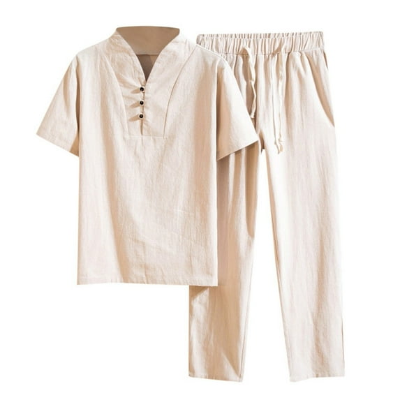 JTieacloth Lounge Nightwear for Men Mens Spring And Summer Solid Color Casual V Neck Short Sleeved T Shirt Elastic Waist Lace Up Pant Suit Two Piece Set Yellow