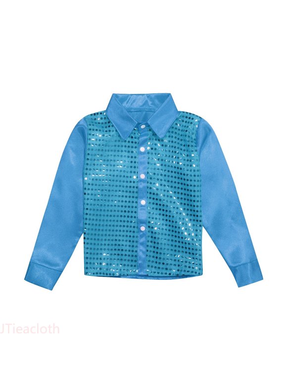 Men Women Sparkly Sequins Dance Tops Long Sleeve Button Down Shirt For Jazz Dance Performance Formal Shirt Business Blue
