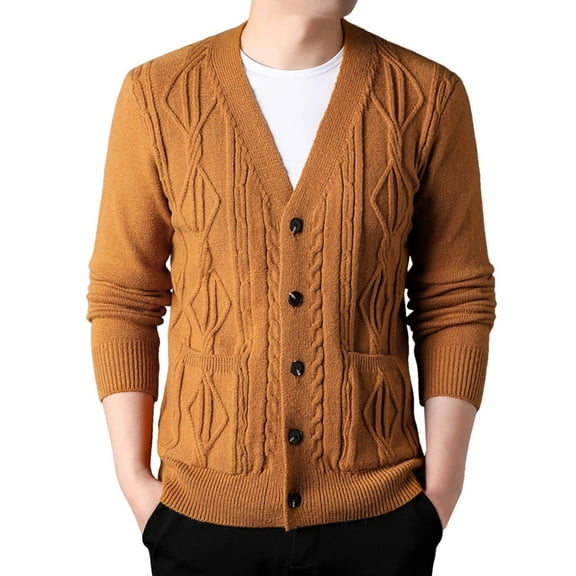 JTieacloth Men's Cardigan Sweaters Men Thick Knit Cardigan Shape Loose Casual V Neck Sweater Coat(Orange)