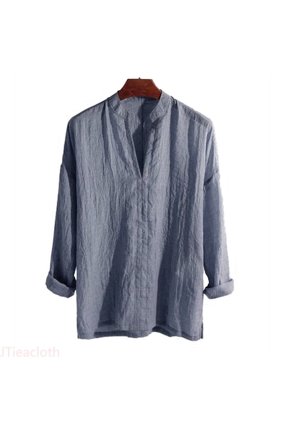 Men's Casal Cotton And Linen Hemp Long Blouse Top Button Up Dress Shirt Blue