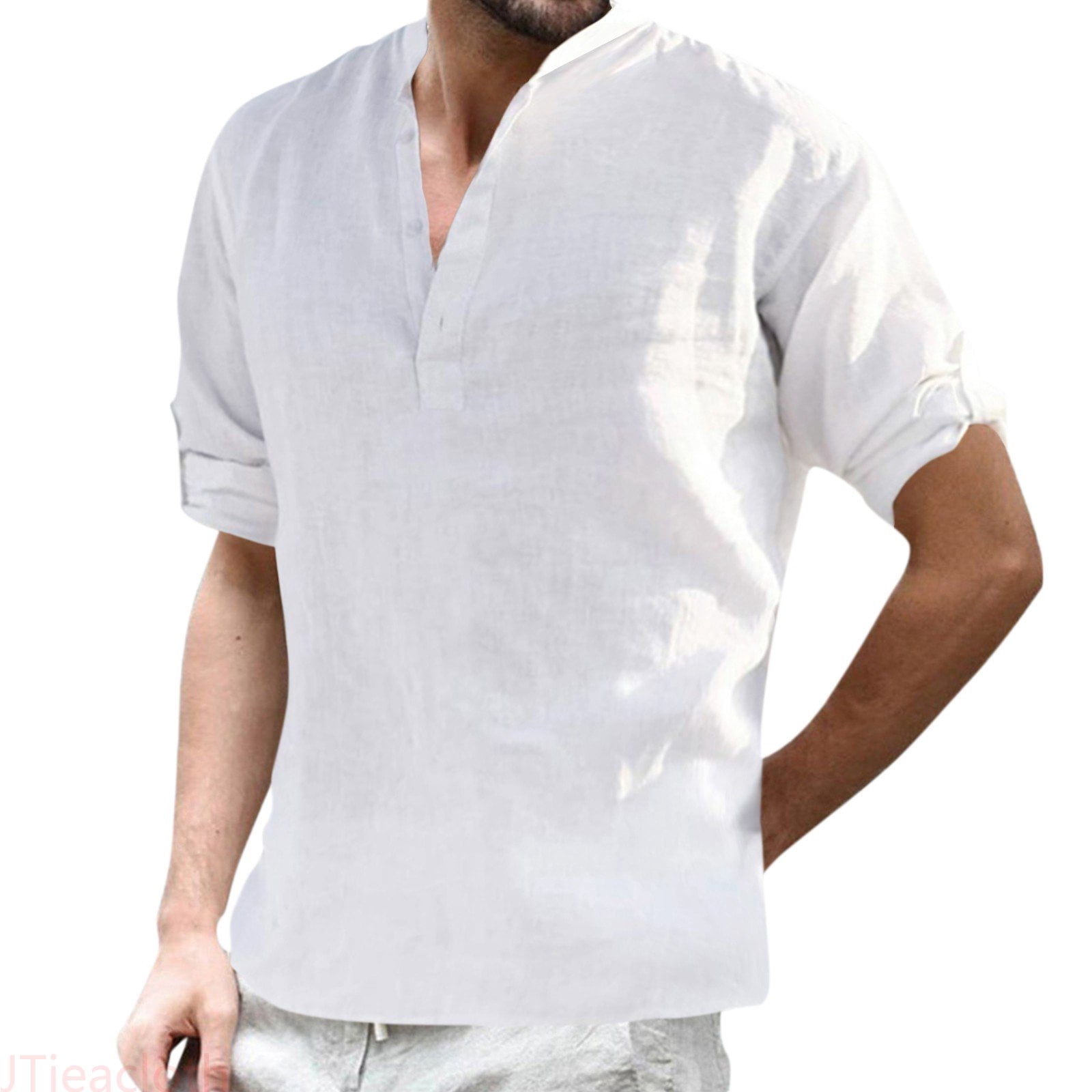 JTieacloth Men's Casual Solid Stand Collar Blouse Roll Up Sleeve Long ...