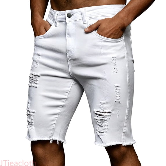 JTieacloth Men's Distressed Denim Shorts Ripped Casual Knee Length Jeans Shorts Summer Street Style(White)