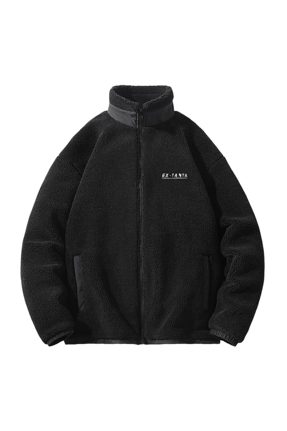 Men's Fleece Jacket Male Patchwork Jacket Outerwear Teddy Fleece With Stand Up Collar Winter Jacket Sweat Jacket With Zip Black