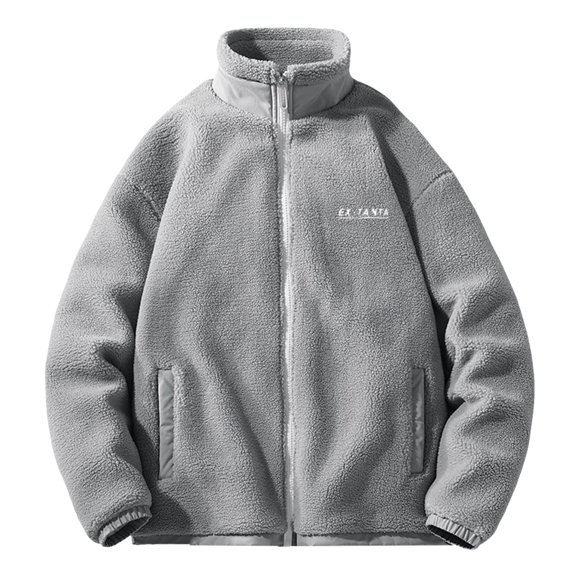 JTieacloth Men's Fleece Jacket Male Patchwork Jacket Outerwear Teddy Fleece With Stand Up Collar Winter Jacket Sweat Jacket With Zip Gray