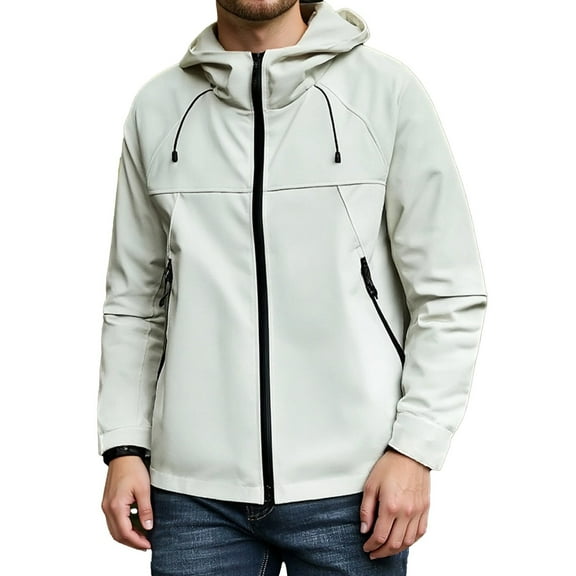 JTieacloth Men's Jacket Men's Casual Jacket Windproof Outdoor Hiking Coat Loose Fit Hooded Pocket Lightweight All Season Travel Sports Jacket White