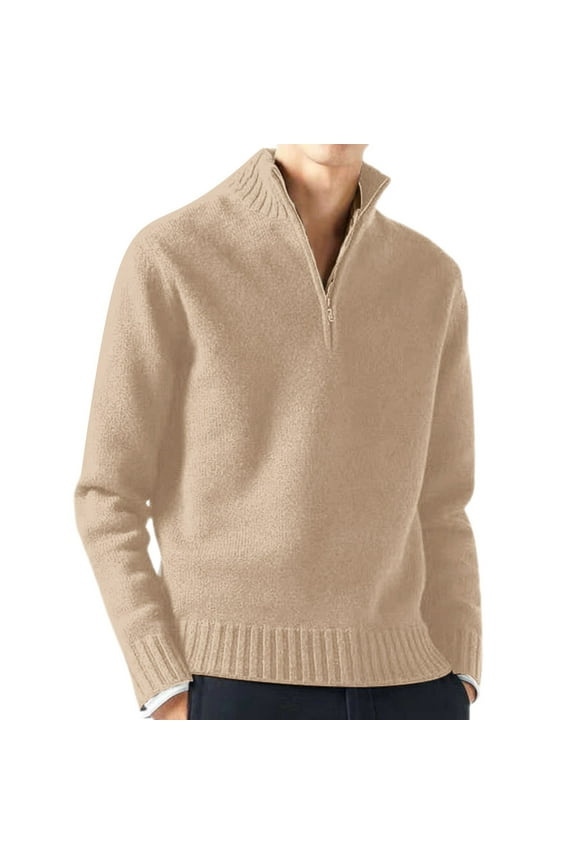Men's Knit Pullover Sweater Male Casual Simple Bottom Sweater Solid Color Warm Wool Knit Half Zip Long Sleeve Sweater(Beige)