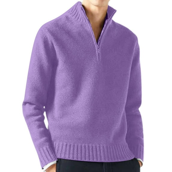 JTieacloth Men's Knit Pullover Sweater Male Casual Simple Bottom Sweater Solid Color Warm Wool Knit Half Zip Long Sleeve Sweater(Purple)