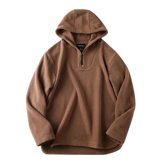 JTieacloth Men's Lightweight Jacket Male Autumn And Winter Half Zip Polar Fleece Solid Color Hooded Large Size Casual Design Sweatshirt Brown