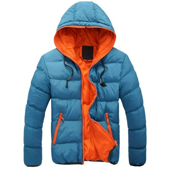 JTieacloth Men's Lightweight Jacket Men's Winter Casual Color Collision Zipper Hoodie Cotton-padded Jacket Coat Blue