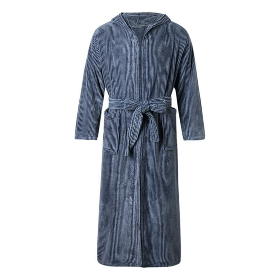 JTieacloth Men's Long Spa Robe Men's Striped Bathrobe Coral Velvet With Cap Absorbent Quick Drying Fashion Simple Blue