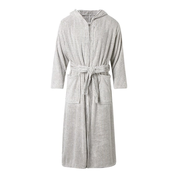JTieacloth Men's Long Spa Robe Men's Striped Bathrobe Coral Velvet With Cap Absorbent Quick Drying Fashion Simple Gray