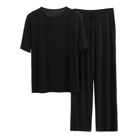 JTieacloth Men's Loungewear Male Loungewear Button Two Piece Set Short Sleeve Top And Long Pants Solid Color Set Black
