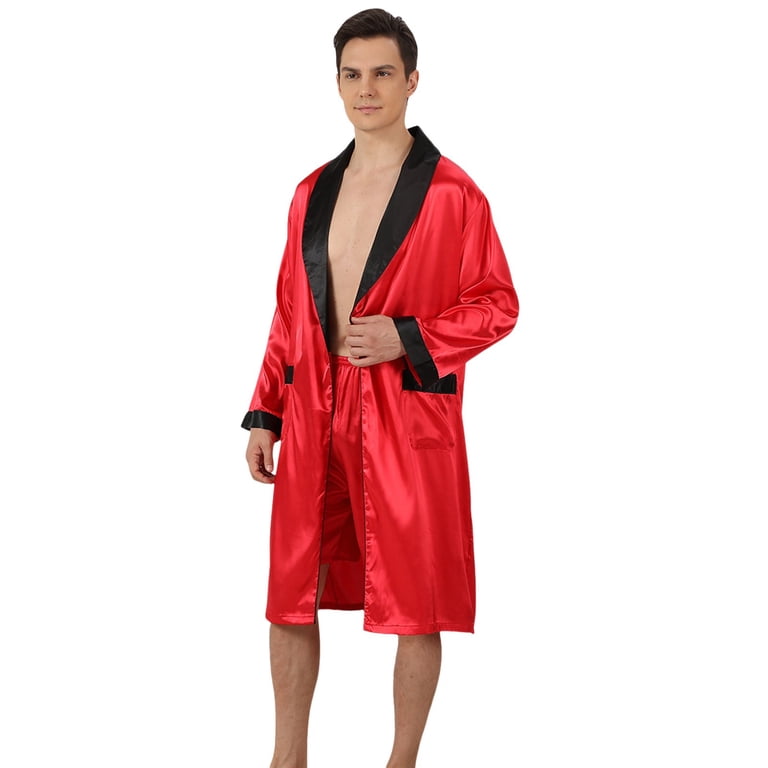 red silk dressing gown mens JTieacloth Men's Nightgown Male Robe Satin Bathrobe With Shorts Set Pajamas Silky  Kimono Robe Red