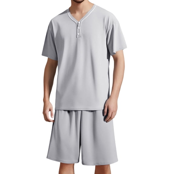 JTieacloth Men's Nightshirts Men's Summer V Neck Short Sleeve Top And Shorts Casual Style Pajama Loungewear Set Gray