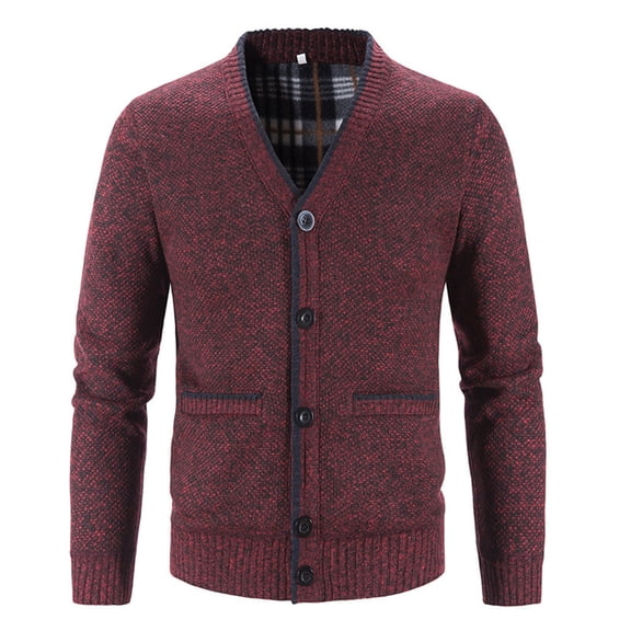 JTieacloth Men's Outerwear Coats Men's Autumn And Winter Solid Color Button Pocket V-neck Cardigan Jacket Red
