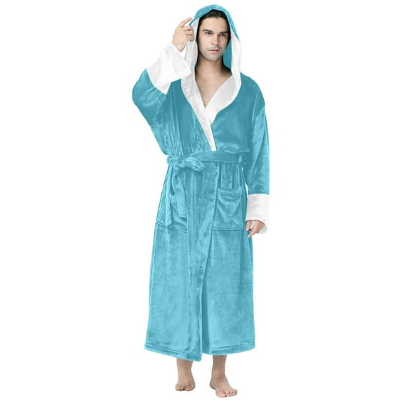 JTieacloth Men's Pajama Sets Loungewear Male Casual Solid Patchwork Hooded Leisure Wear Drawstring Three Quarter Sleeve Bathrobe Pajamas Blue