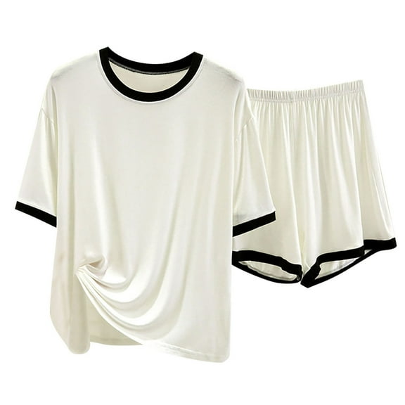 JTieacloth Men's Pajama Sets Loungewear Men's Short Sleeved T Shirt Two Piece Summer Thin Loose Casual Shorts Set Can Be Worn At Home White