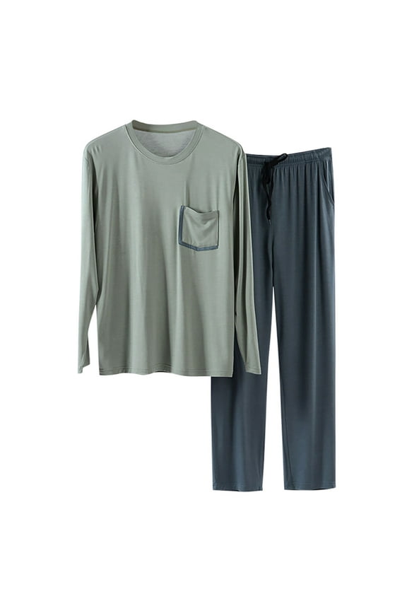 Men's Pajama Shirts Male Leisure Wear Pajama Set Round Neck Long Sleeve Top And Pocket Stretch Pants Solid Color 2pc Men's Casual Pajamas Home Clothes Green