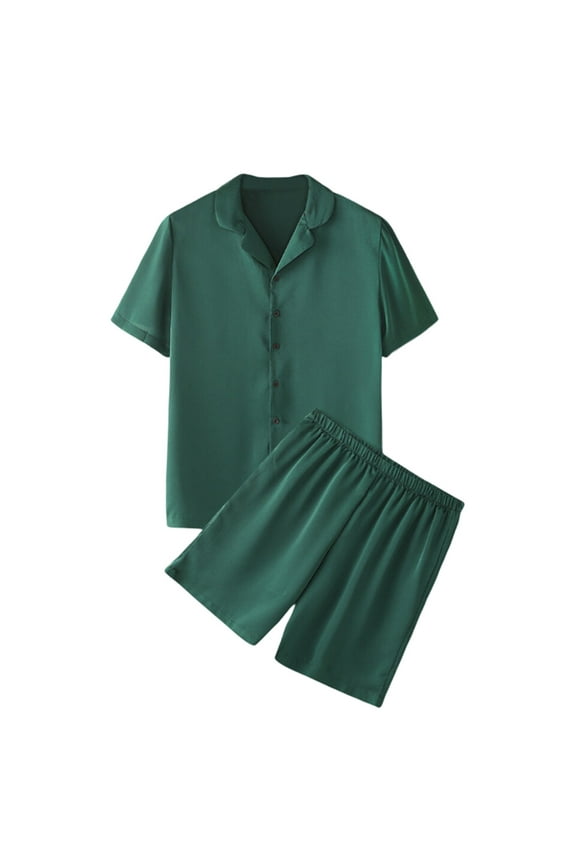 Men's Pajama Shirts Male Spring And Summer Soild Color Satin Imitation Silk Comfortable Shirt Shorts Home Service Suit Green