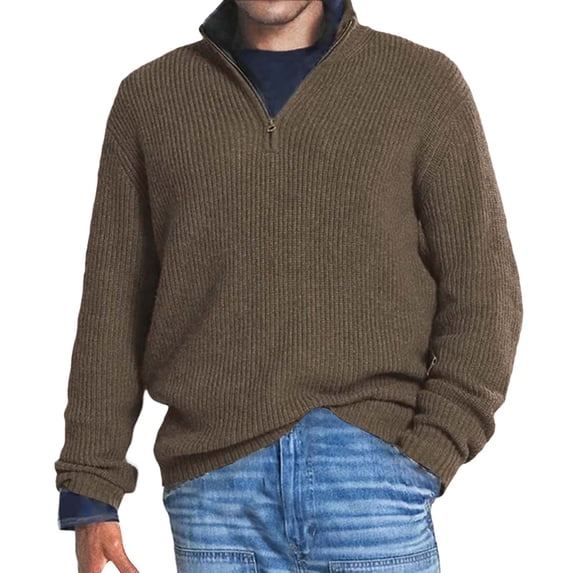 JTieacloth Men's Pullover Sweaters Male Spring And Autumn Solid Color Knitted Wool Long Sleeve Sweater Zipper Collar Top(Brown)
